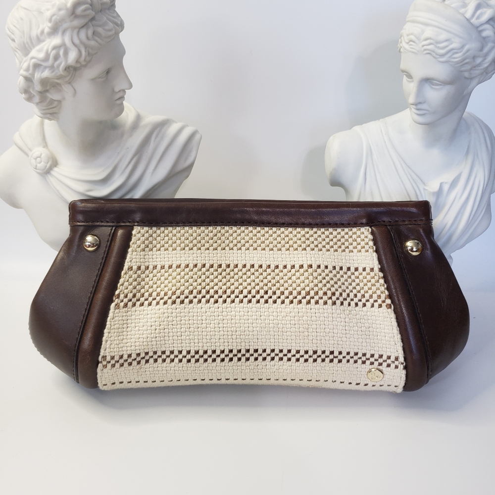 Tre Vero Brown Tan Clutch Wallet Chocolate Leather w/ Textile Primitive 11 x 5